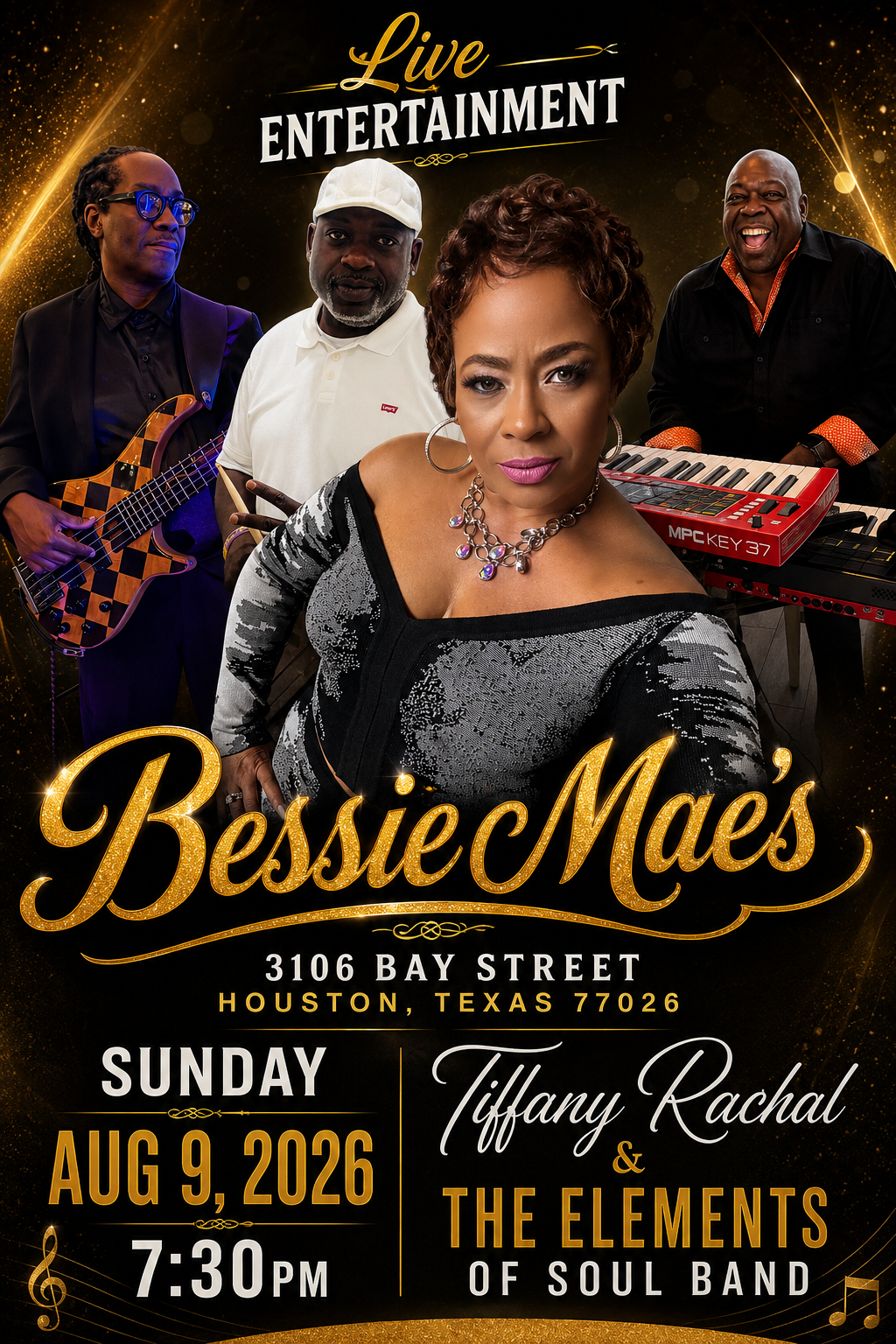 Live at Bessie Mae's — Tiffany Rachal & The Elements of Soul Band, Sunday Aug 9, 2026, 7:30PM, Houston TX