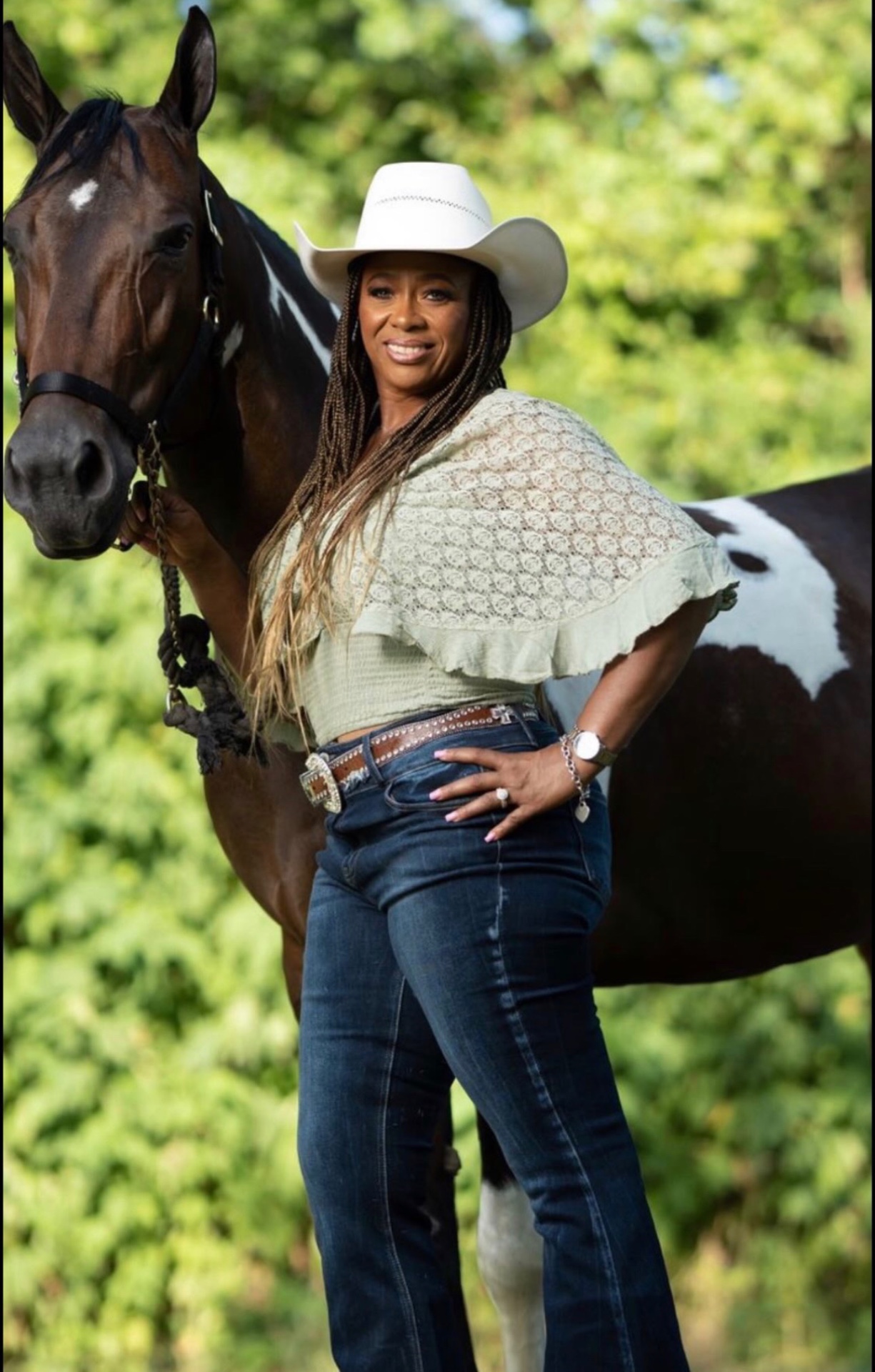 Tiffany Rachal with paint horse — country portrait