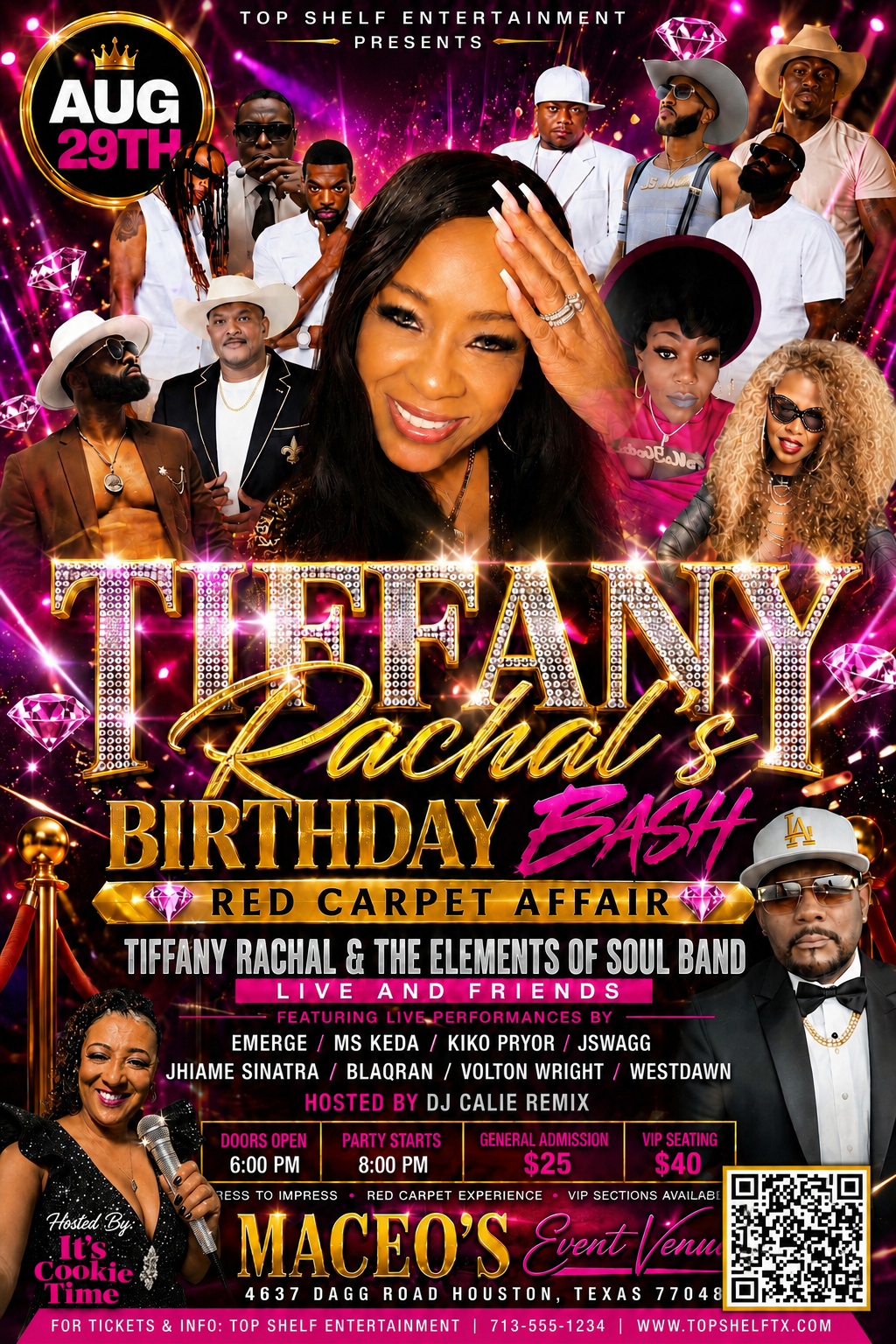 Tiffany Rachal's Birthday Bash Red Carpet Affair — Aug 29, Maceo's Event Venue, Houston TX. General Admission $25 / VIP Seating $40. Doors 6:00 PM, party starts 8:00 PM.