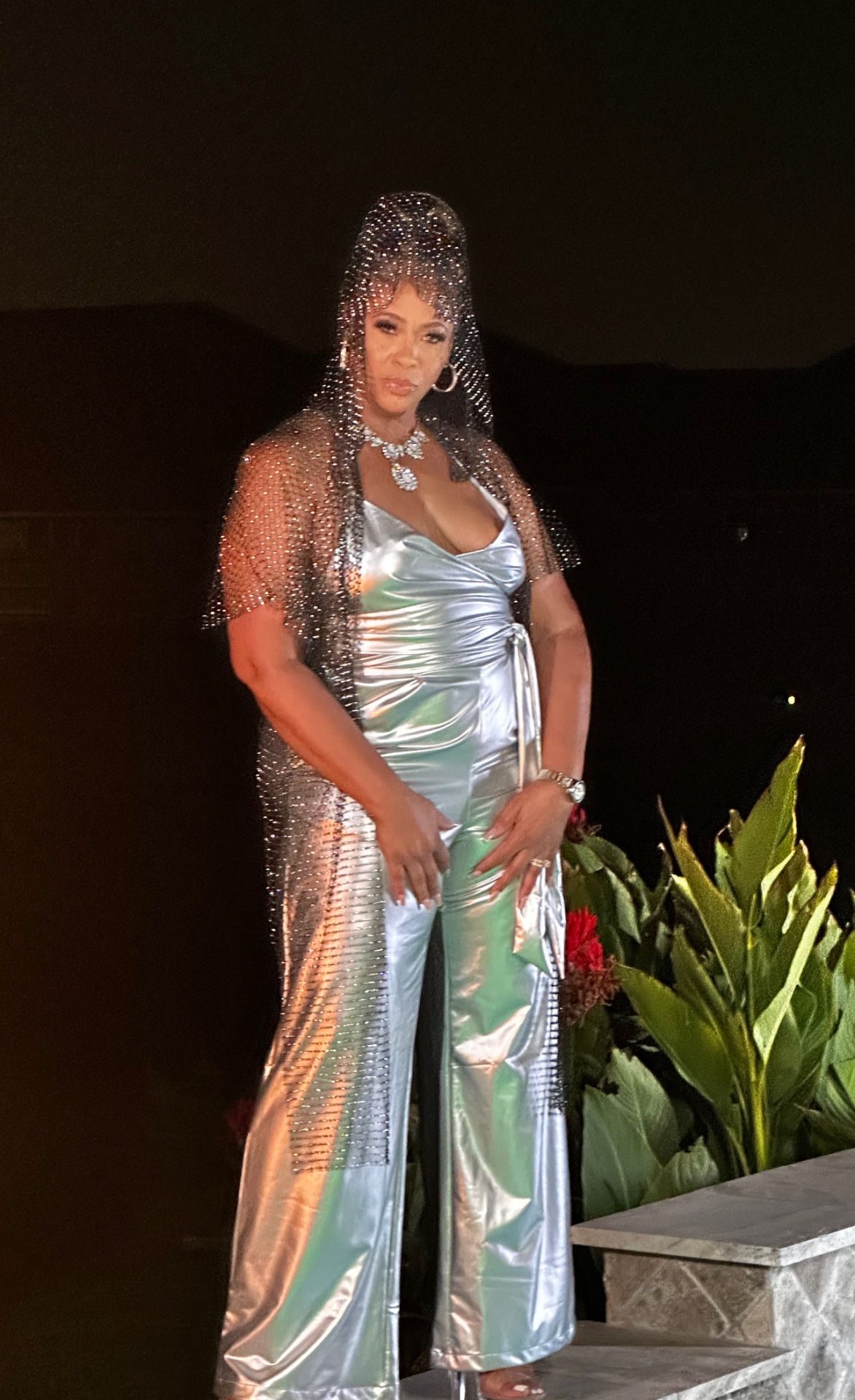Tiffany Rachal in silver jumpsuit and crystal veil — night portrait