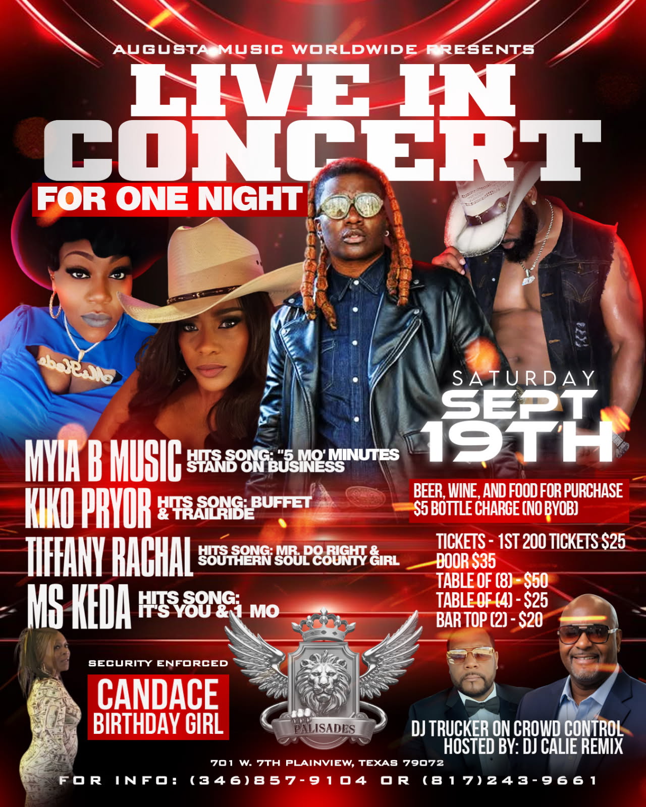 Live In Concert — Saturday Sept 19, Palisades, 701 W. 7th Plainview, TX. Featuring Tiffany Rachal, Myia B Music, Kiko Pryor, Ms Keda.