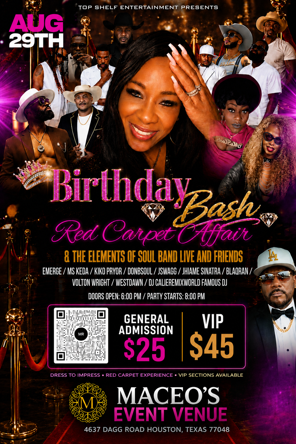 Tiffany Rachal's Birthday Bash Red Carpet Affair — Aug 29, Maceo's Event Venue, Houston TX. General Admission $25 / VIP $45. Doors open 6:00 PM, party starts 8:00 PM.